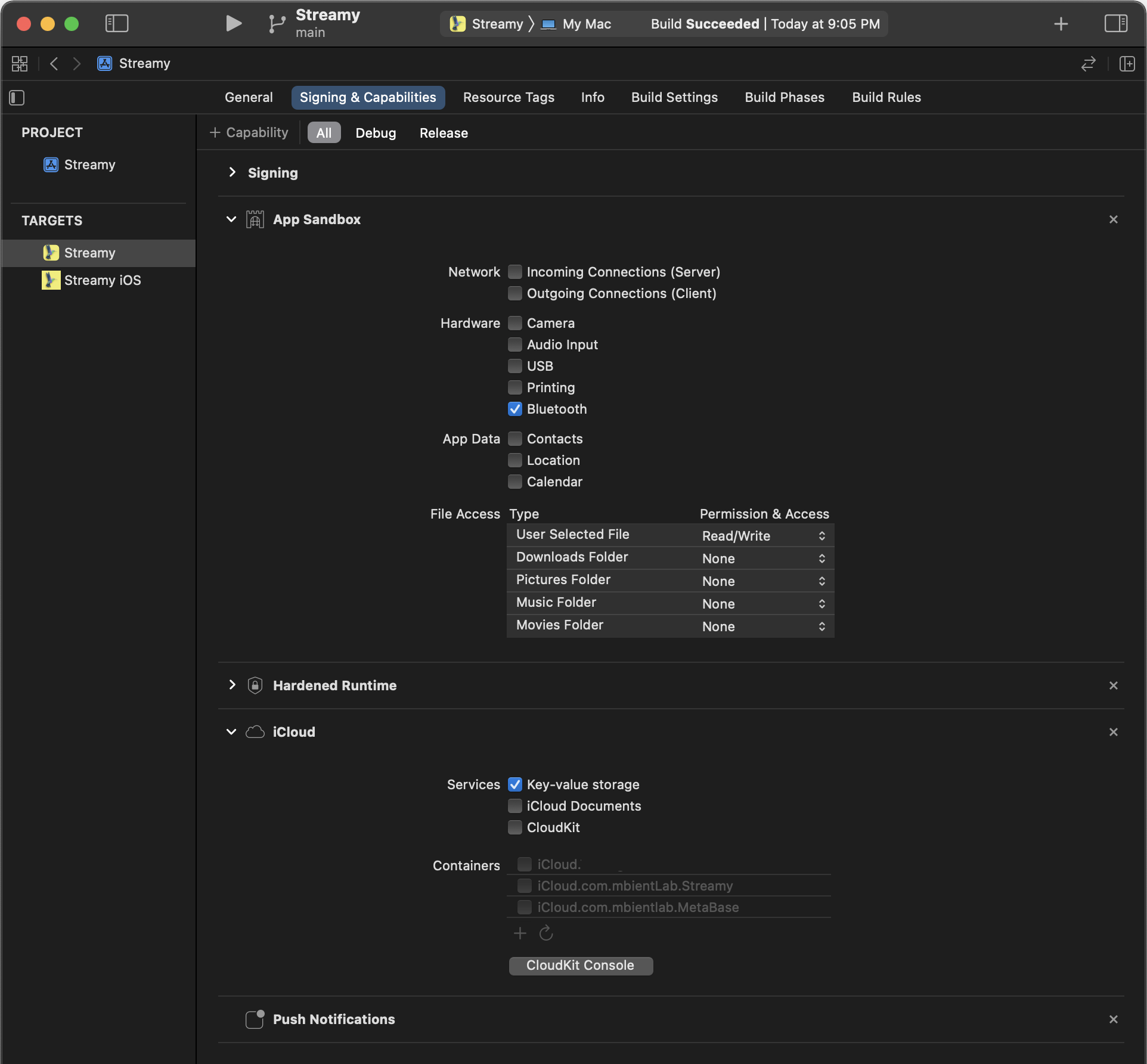 Xcode screenshot while adding Capabilities selections