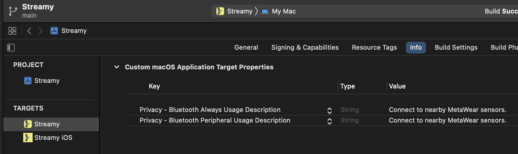 Xcode screenshot of an Info.plist with two Privacy - Bluetooth keys