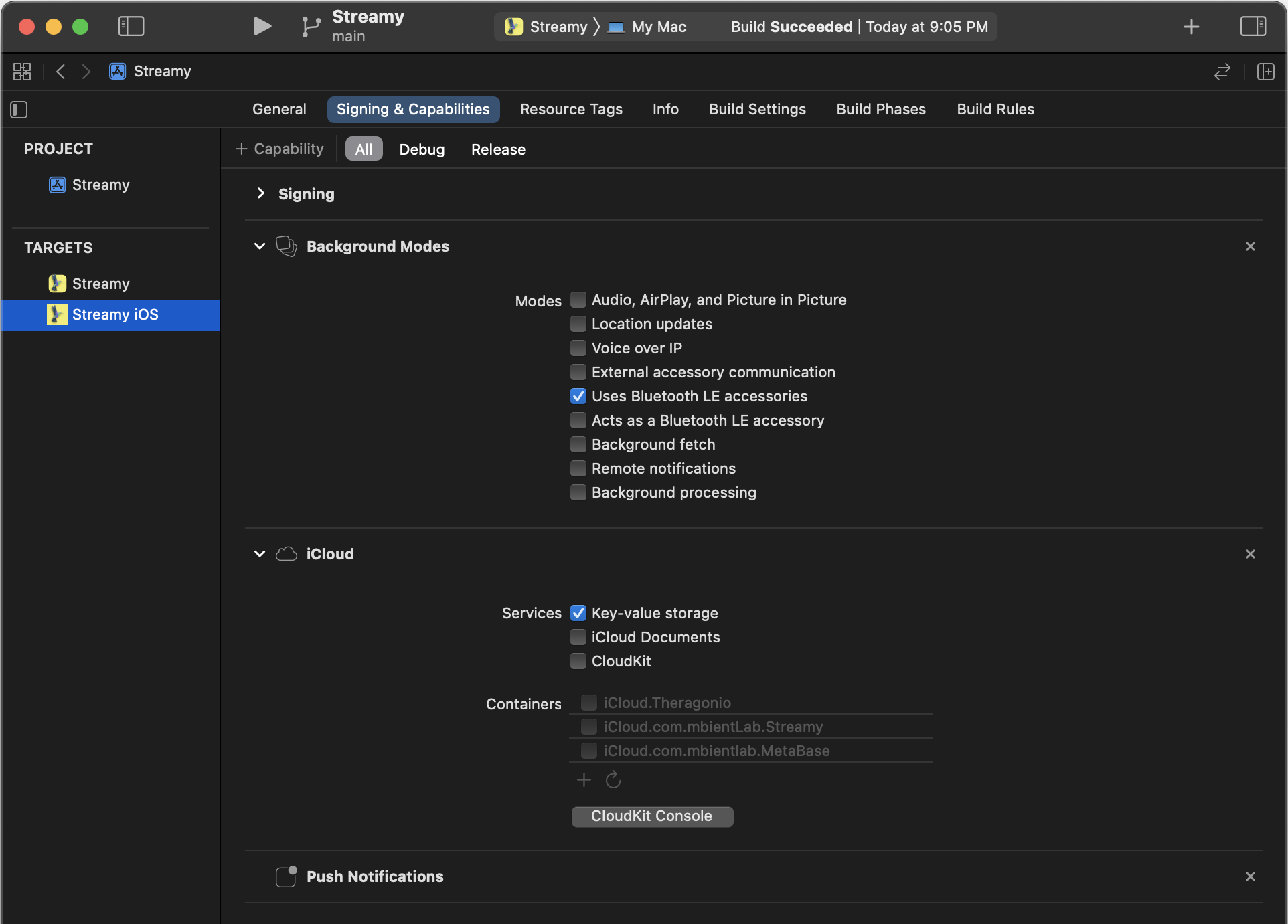 Xcode screenshot while adding Capabilities selections